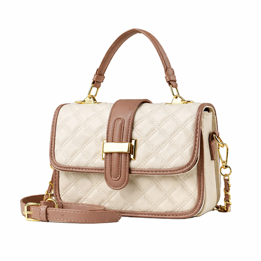Two tone quilted handbag with structured shape and detachable strap, classic women’s satchel bag