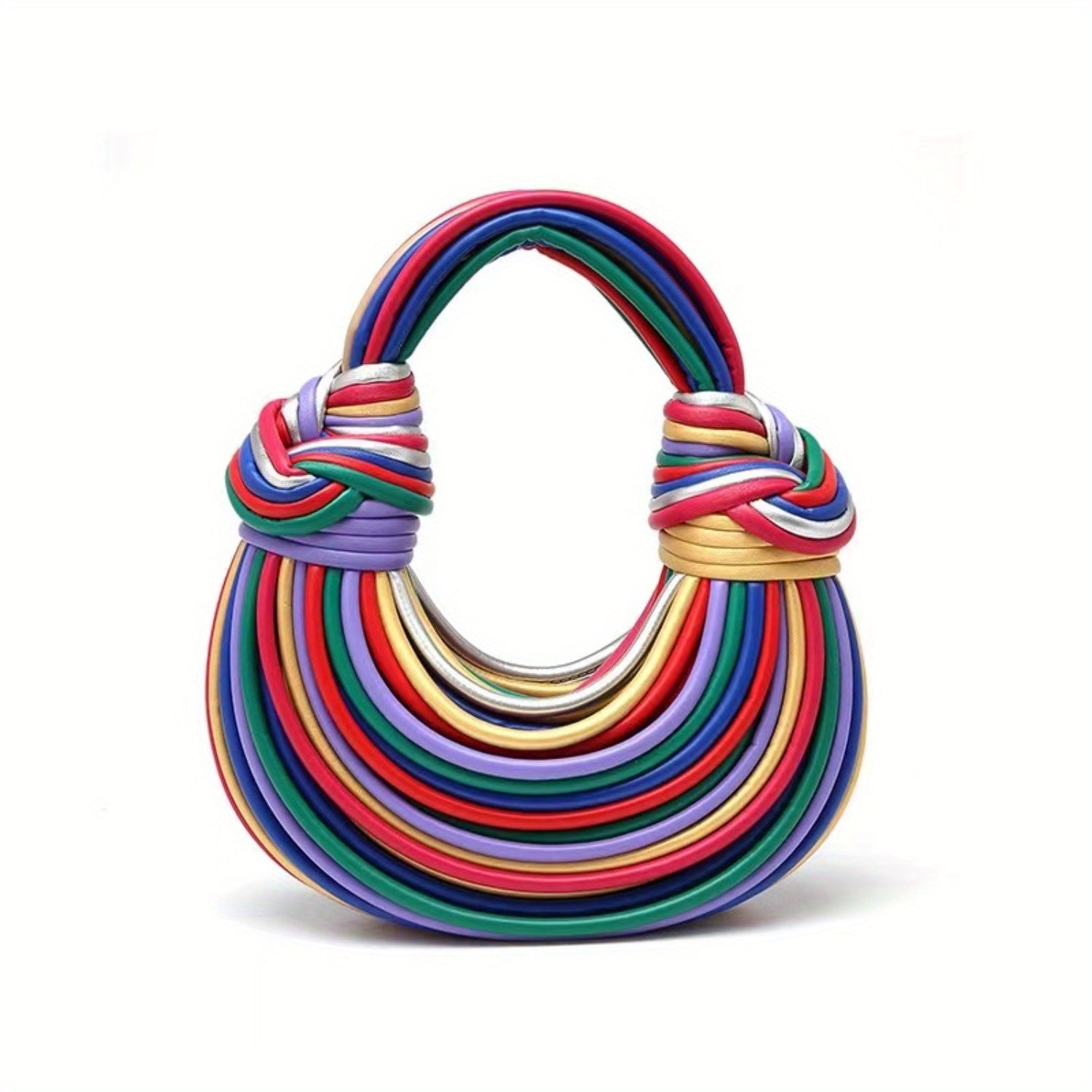 Rainbow striped genuine leather knot handle handbag women structured colorful statement purse front view