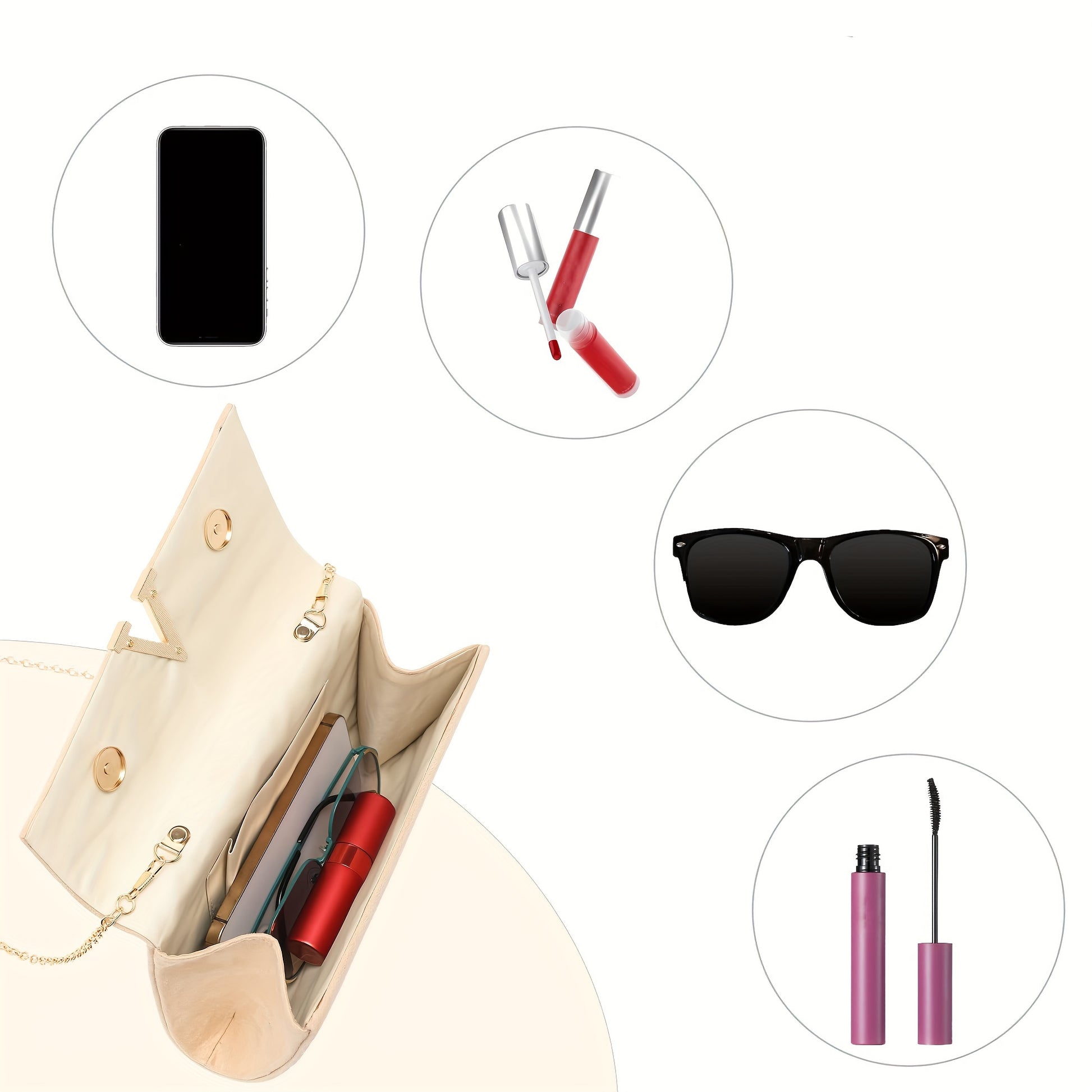 Minimal beige envelope clutch opened to show interior storage and detachable chain strap, lightweight women’s occasion handbag