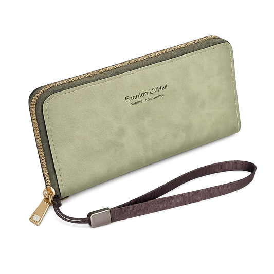 Green zip around long women wallet with wrist strap slim organizer clutch with multiple card slots and zipper closure