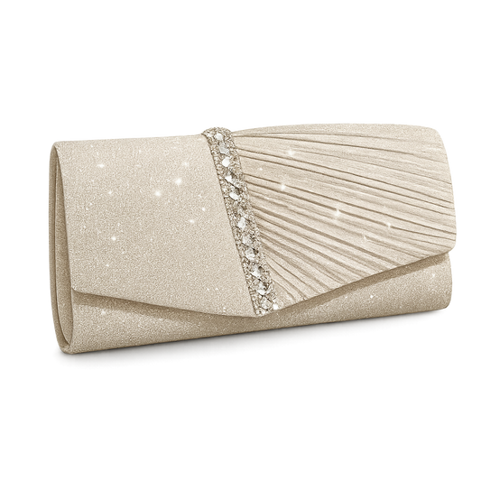 Gold pleated evening clutch with crystal accent band elegant women formal handbag for wedding and party events