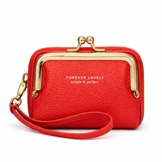 Structured red mini frame wallet with gold clasp and wrist strap in textured PU leather compact women card holder