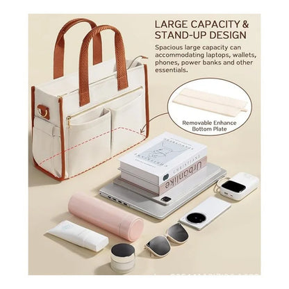 Large Canvas Tote Bag with Pockets (Zip Shoulder Work Bag for School, Travel & Everyday Use)