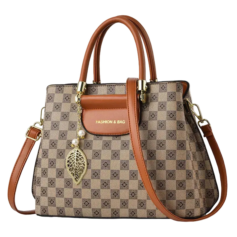Beige checkered structured women satchel handbag with brown trim leaf charm and crossbody strap everyday tote