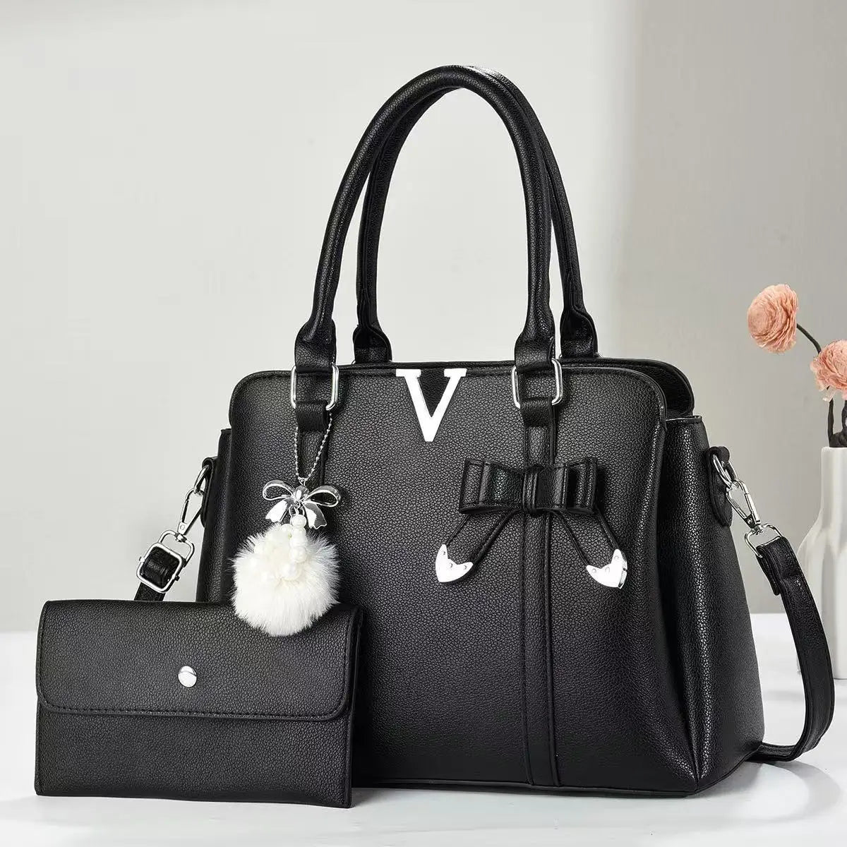 Black women’s satchel handbag with bow detail and matching wallet pouch, elegant PU leather shoulder bag set for everyday use