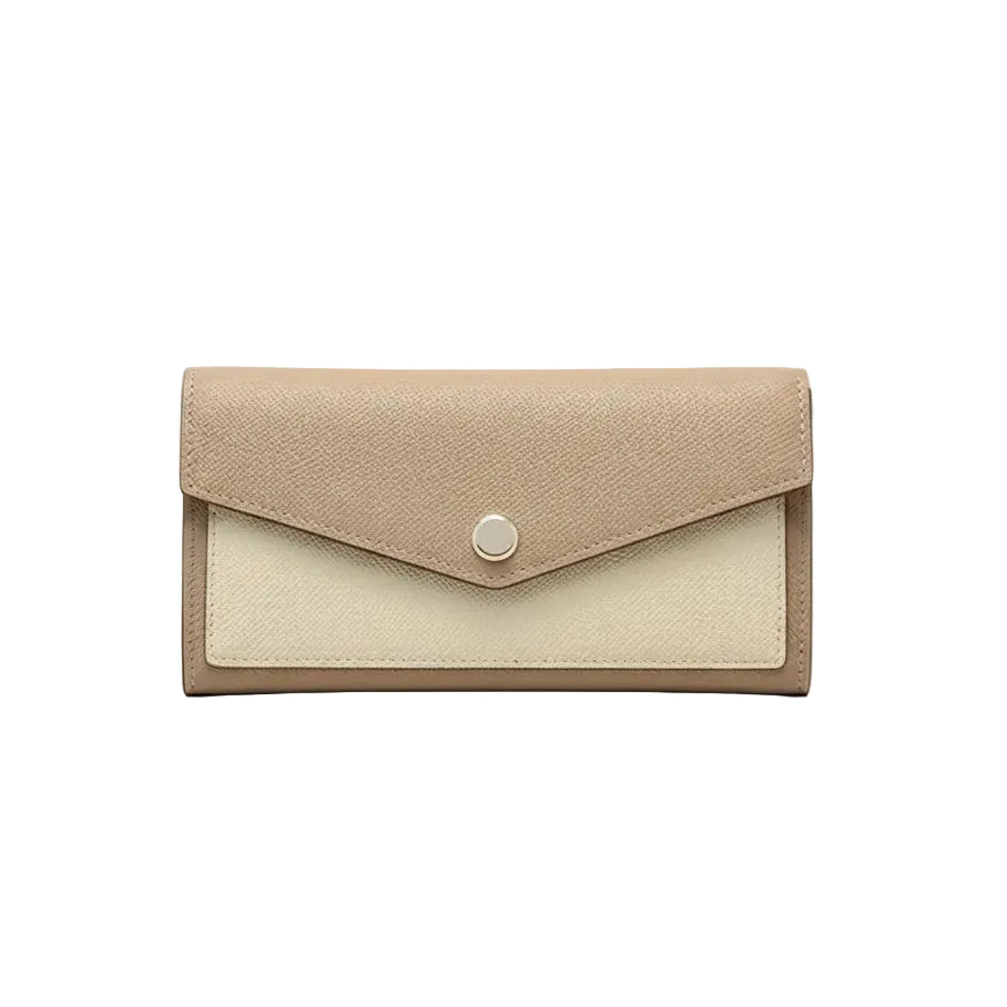 Beige genuine leather long envelope wallet with snap closure minimalist women zip around organizer