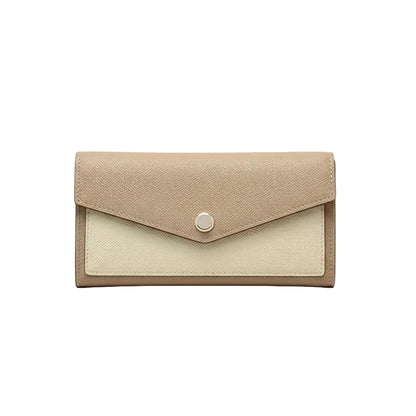 Beige genuine leather long envelope wallet with snap closure minimalist women zip around organizer