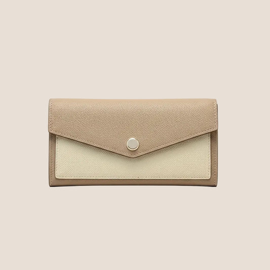 Beige genuine leather long envelope wallet with snap closure minimalist women zip around organizer