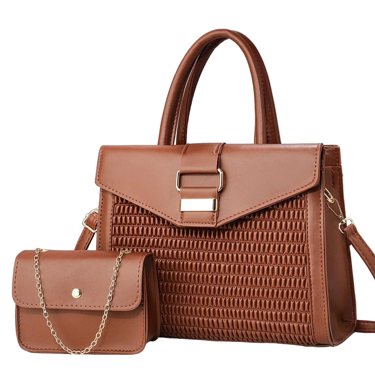 Brown woven texture tote bag with matching mini crossbody and gold hardware on white background