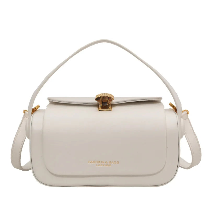 Cream square structured shoulder bag for women with gold clasp minimalist PU leather handbag front view