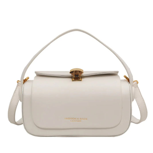 Cream square structured shoulder bag for women with gold clasp minimalist PU leather handbag front view