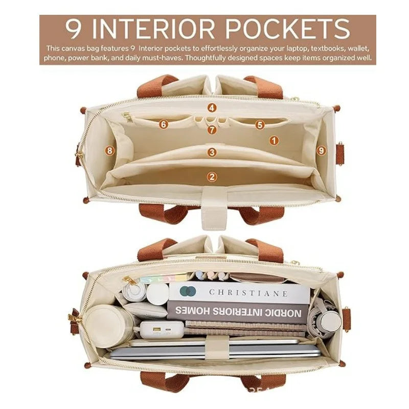 Large Canvas Tote Bag with Pockets (Zip Shoulder Work Bag for School, Travel & Everyday Use)