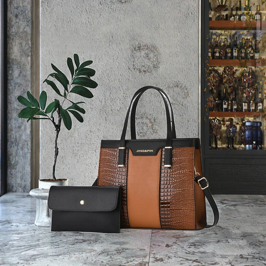 Conjunto de bolso de mano con marco en contraste (2 piezas): bolso de mano con cremallera estructurada y cartera a juego