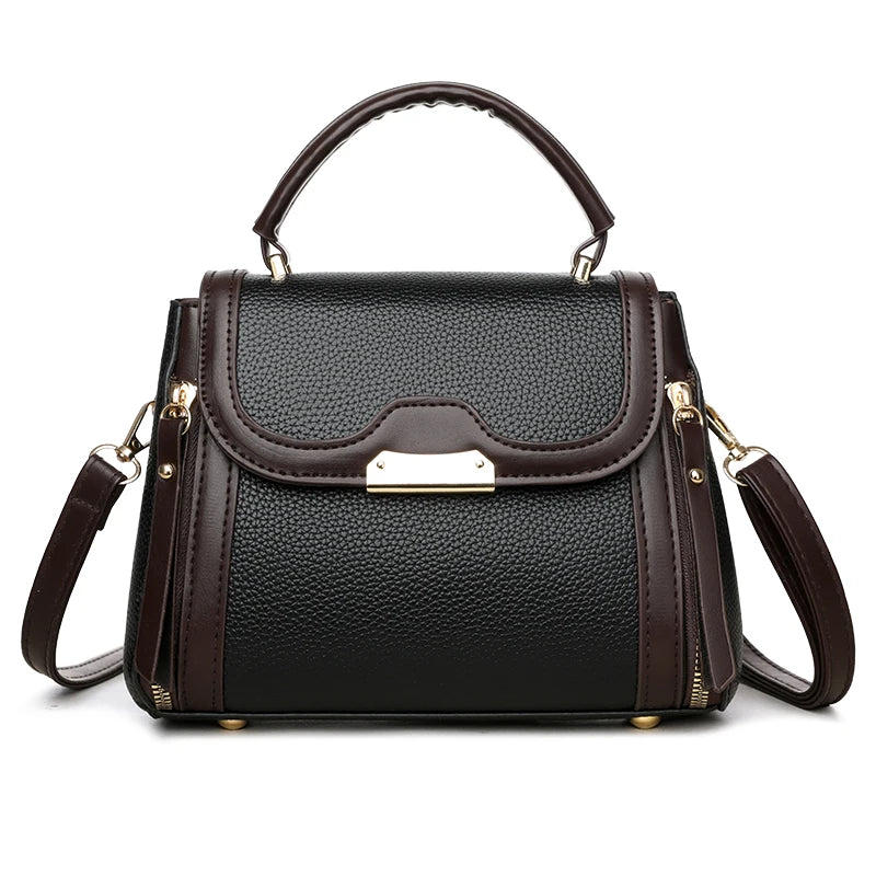 Black and brown structured mini satchel handbag with top handle and detachable shoulder strap, elegant women’s PU leather crossbody bag