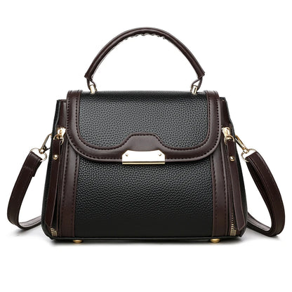 Black and brown structured mini satchel handbag with top handle and detachable shoulder strap, elegant women’s PU leather crossbody bag