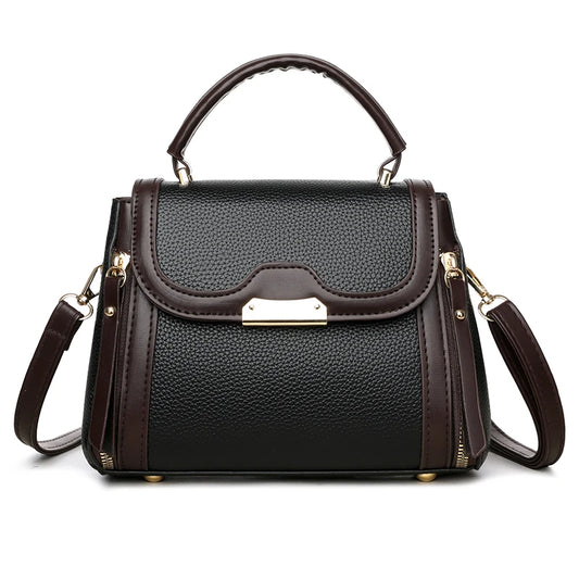 Black and brown structured mini satchel handbag with top handle and detachable shoulder strap, elegant women’s PU leather crossbody bag