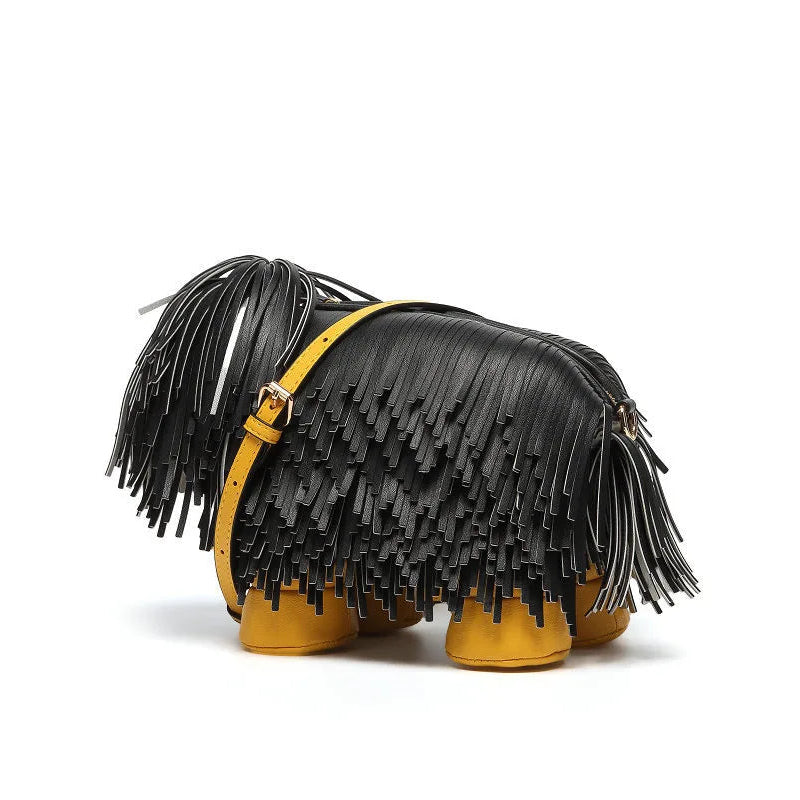 Cute dog shaped shoulder bag with soft fringe texture and crossbody strap, whimsical women’s fashion handbag