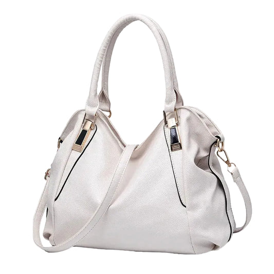 White slouchy PU leather satchel handbag for women structured roomy shoulder bag front view