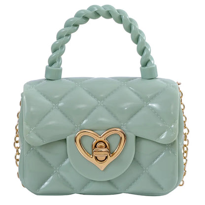 Mint green quilted mini handbag with braided handle and heart clasp, colorful women’s crossbody satchel purse