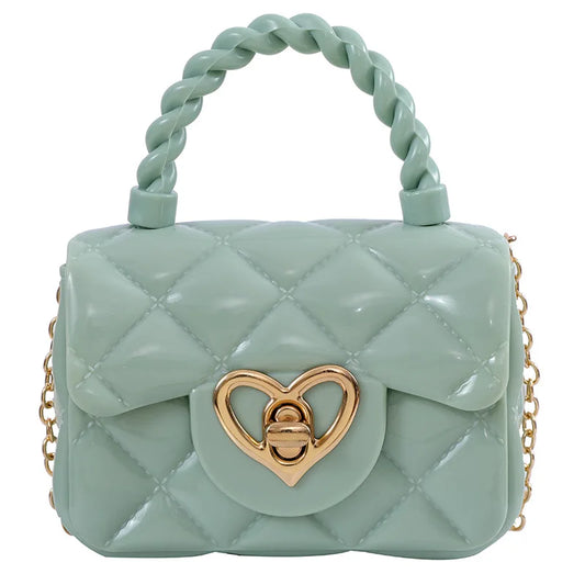 Mint green quilted mini handbag with braided handle and heart clasp, colorful women’s crossbody satchel purse