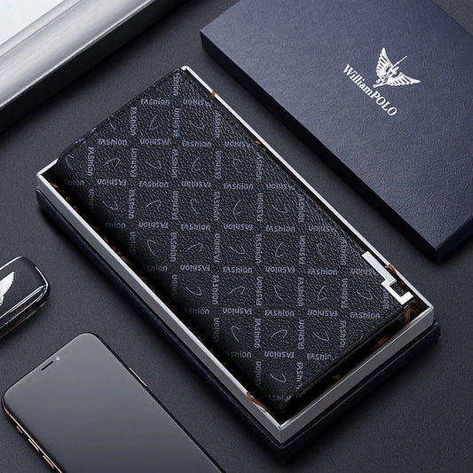 Black genuine leather RFID long wallet with geometric print men zip organizer