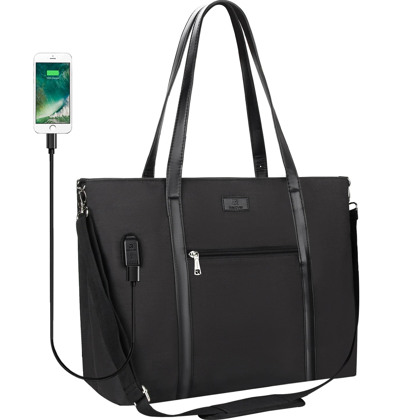 Black waterproof women's work tote bag with USB charging port structured laptop shoulder bag front view