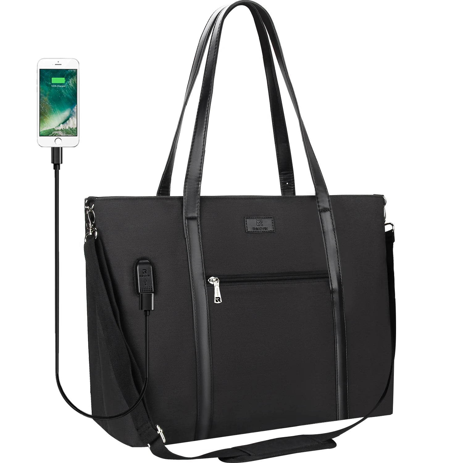 Black waterproof women's work tote bag with USB charging port structured laptop shoulder bag front view