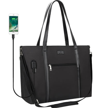 Black waterproof women's work tote bag with USB charging port structured laptop shoulder bag front view