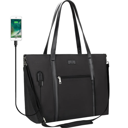 Black waterproof women's work tote bag with USB charging port structured laptop shoulder bag front view