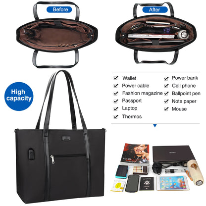 Black professional laptop tote with external USB port organized interior compartments women's commuter bag side angle