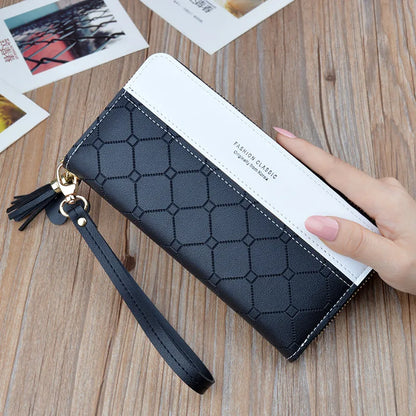 Black quilted panel long wallet with zipper closure organized women's clutch wallet side angle