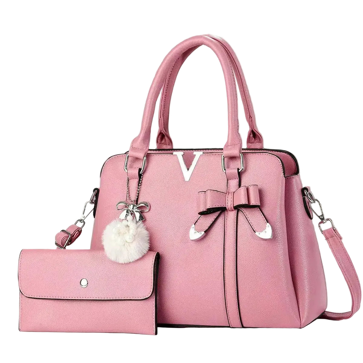 Structured women’s handbag set with matching wallet and bow accents, stylish PU leather satchel bag for daily use