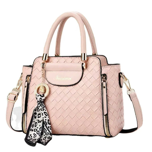 Bolso de mano con textura tejida (bolso de piel sintética con cremallera, colgante para bufanda y correa cruzada)