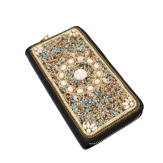 Turquoise mosaic beaded zip wallet with intricate geometric pattern and gold accents, bohemian women’s statement wallet