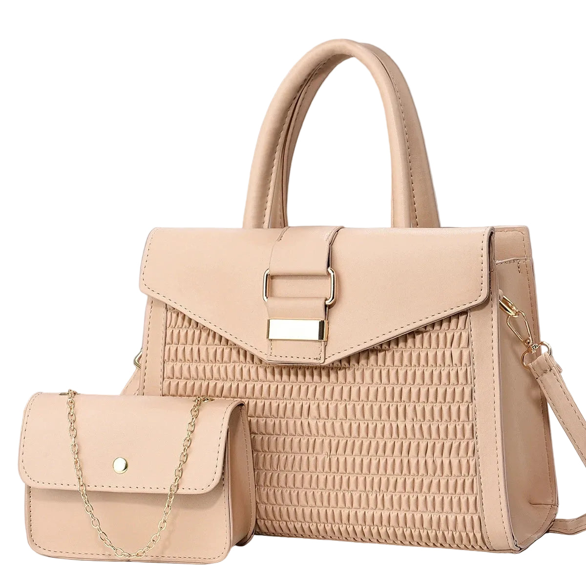 Beige handbag with textured pattern and matching small purse on a gray background