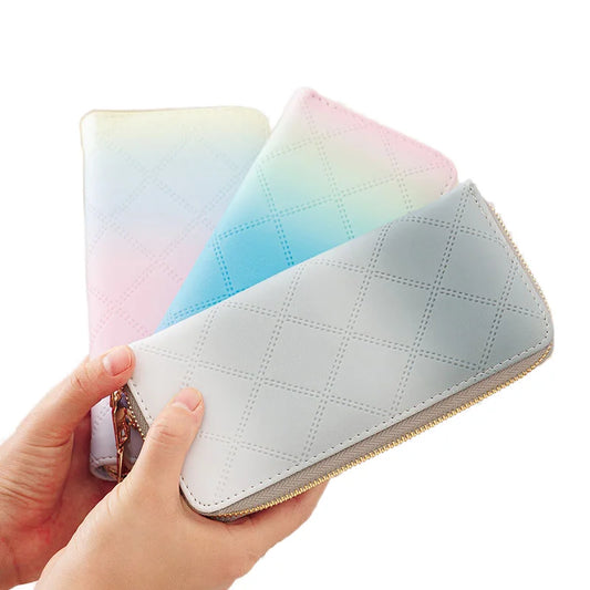 Pastel gradient genuine leather RFID wallet with zipper closure compact women's zip around wallet front view