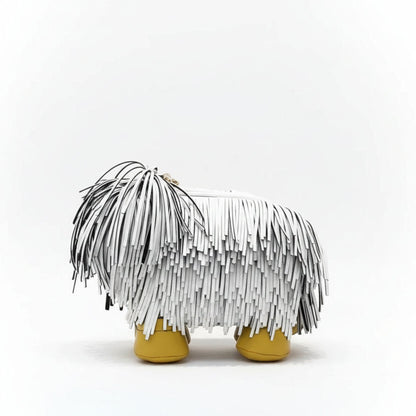 Fluffy dog shaped crossbody handbag with fringe texture and yellow feet, playful novelty women’s purse