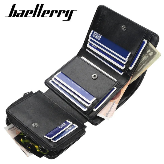 Black men's fold wallet with multiple card slots coin pocket compact PU leather wallet front open view