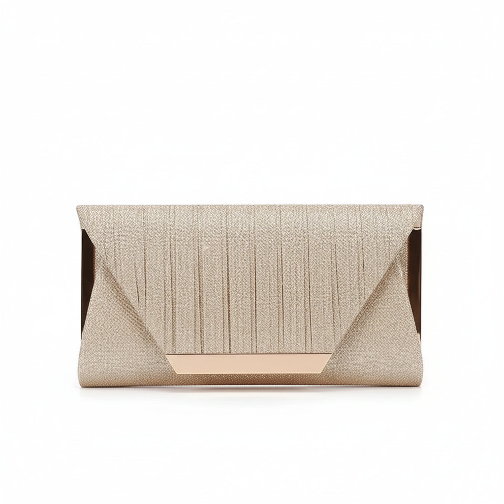 Silver structured satin shimmer clutch purse with removable chain strap for wedding and prom