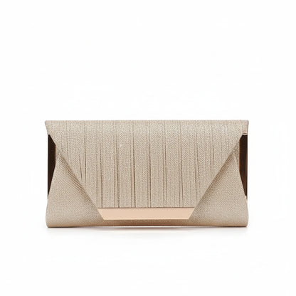 Silver structured satin shimmer clutch purse with removable chain strap for wedding and prom