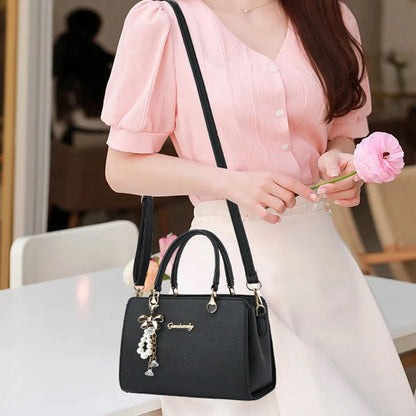 Bolso de hombro cuadrado minimalista (elegante bolso con cremallera, dije de perla y bolsillos organizadores) 