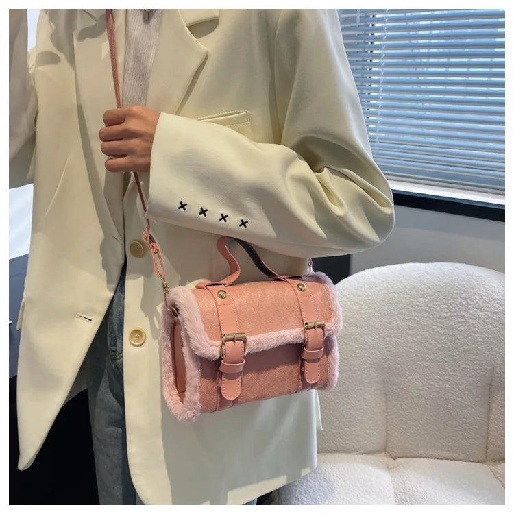 Bolso de hombro vintage de ante sintético (bolso con solapa y ribete de piel para otoño e invierno) 