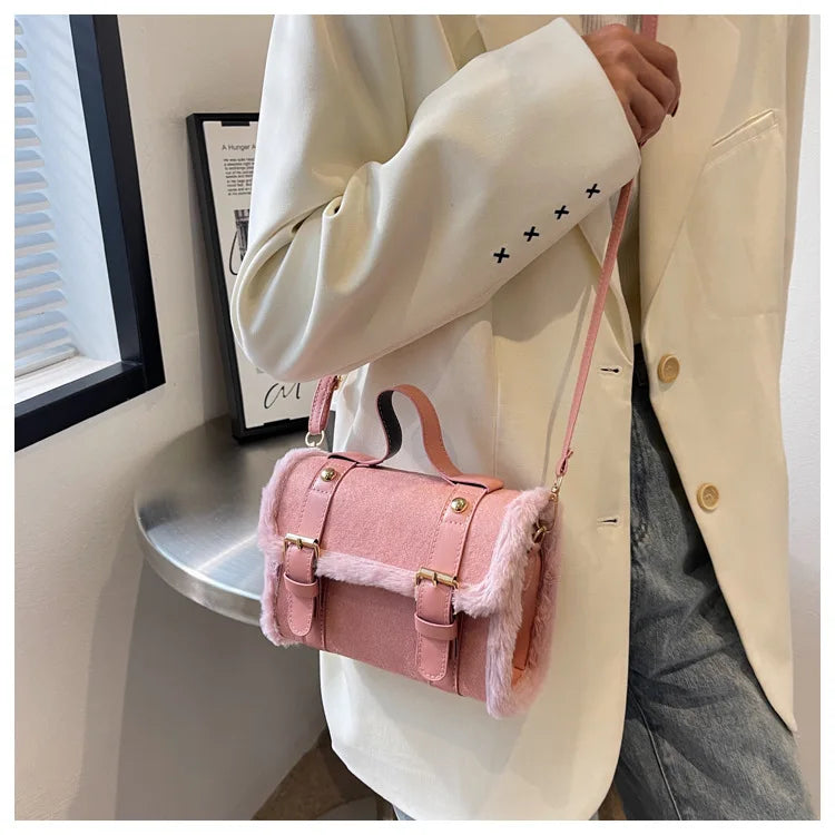 Bolso de hombro vintage de ante sintético (bolso con solapa y ribete de piel para otoño e invierno) 