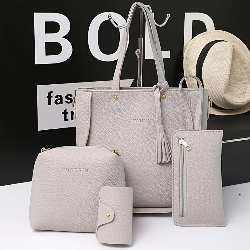 coordinated women’s handbag set showing tote crossbody pouch and wallet organized matching bag collection