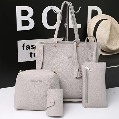 coordinated women’s handbag set showing tote crossbody pouch and wallet organized matching bag collection