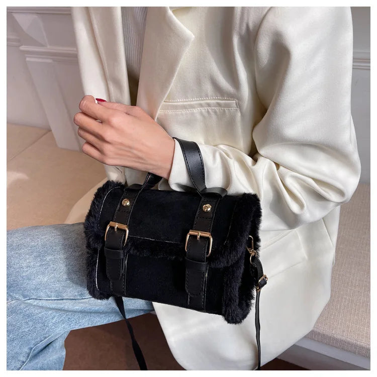 Bolso de hombro vintage de ante sintético (bolso con solapa y ribete de piel para otoño e invierno) 