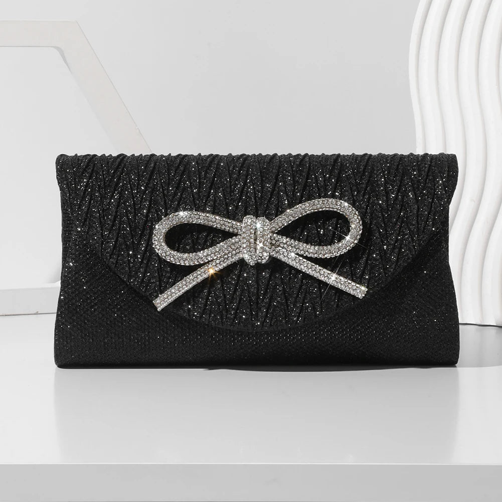 Black satin evening clutch with rhinestone bow detail and chain strap elegant women formal party purse