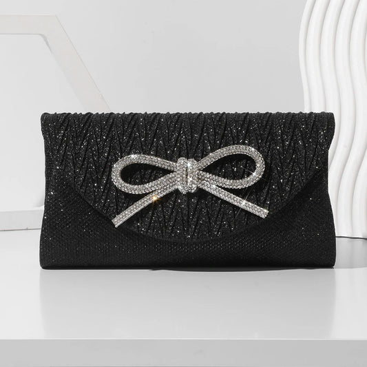 Black satin evening clutch with rhinestone bow detail and chain strap elegant women formal party purse