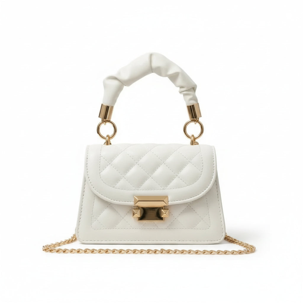 White quilted mini top handle handbag with gold chain strap and square silhouette, elegant women’s shoulder bag for parties and everyday wear