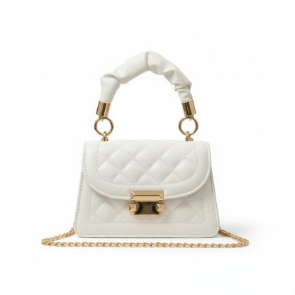 White quilted mini top handle handbag with gold chain strap and square silhouette, elegant women’s shoulder bag for parties and everyday wear